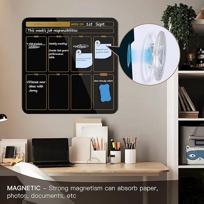 SELEAD Magnetic Glass Planning Board for Small Apartment - 18”x18” Dry Erase Whiteboard Weekly Planner Wall Calendar, Message Memo TODO Board for Home Kitchen, Black&Gold