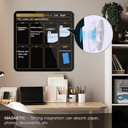 SELEAD Magnetic Glass Planning Board for Small Apartment - 18”x18” Dry Erase Whiteboard Weekly Planner Wall Calendar, Message Memo TODO Board for Home Kitchen, Black&Gold