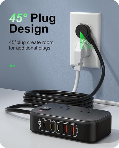 7-in-1 Power Strip, PD GaN 65W USB C Power Strip with 3 USB-C, 2 USB-A Ports and 2500W AC Outlet, Flat Plug Sleek Socket Essentials for Home/Office/College/Travel (Pearl Black, 65W)