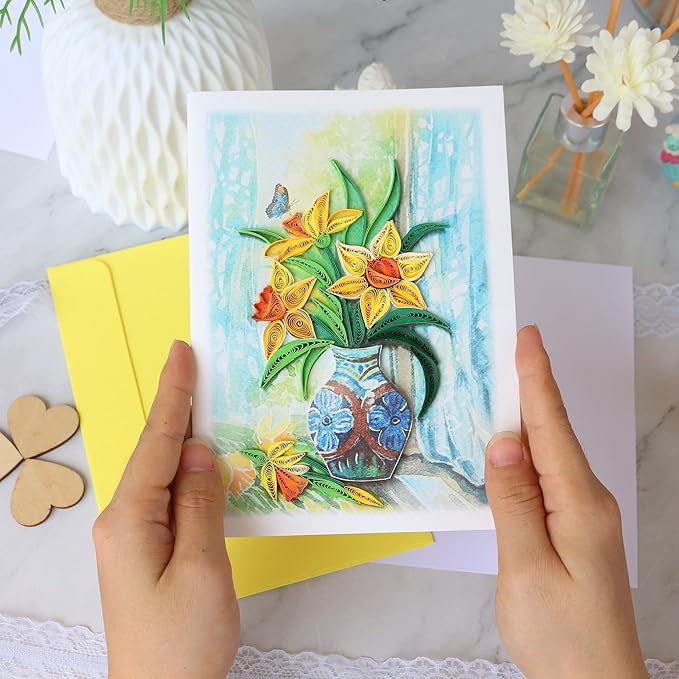 KingKraft Daffodils Flower Quilling Card, Handcrafted Greeting Card for All Occasions, Birthday Card for Mom, Thinking of You, Get Well, Anniversary, Valentines Day, Mothers Day Card, Blank Inside