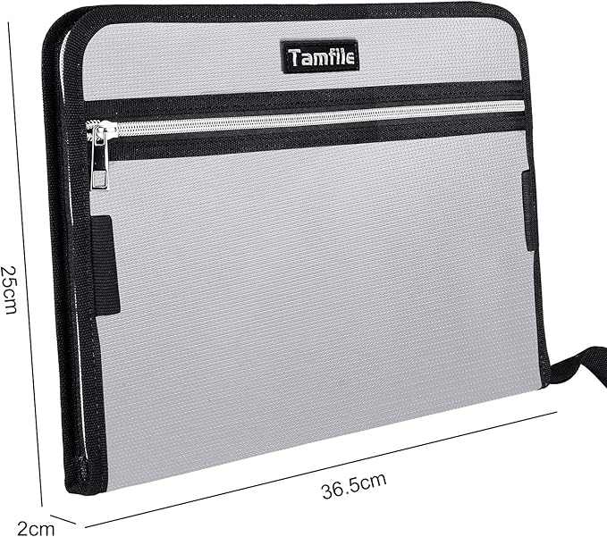 Fireproof Safe Waterproof Accordion File Bag Folder Expanding Filing Folder with 14 Multicolored Pockets, A4 Letter Size, Document Organizer Holder and Color Labels /2 Zipper (Silver 14.3" x 9.8")