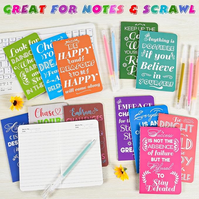 24 Pcs Mini Inspirational Notebooks Bulk with 24 Pcs Colorful Pens, Small Pocket Journal Notepads Set, Motivational Bulk Gifts for Women Men Teacher Student Kids, Fun School Office Supplies,3.5"x5.5"