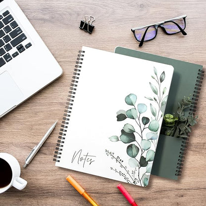 ZICOTO Aesthetic Spiral Notebook Journal For Women - Cute Greenery 10.5" x 8.5" College Ruled Notebook With Large Pockets, Lined Pages and Hardcover - Perfect to Stay Organized at Work or School
