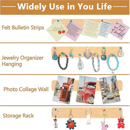 5 Pack Felt Pin Board Bar Strips Bulletin Board for Bedrooms Offices Home Wall Decoration, Notice Board Self Adhesive Cork Board with 35 Push Pins for Paste Notes, Photos, Schedules (Peach)