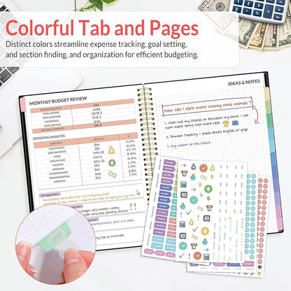 SUNEE Budget Planner - Monthly Budget Book with Expense Tracker Notebook, A4(8.5" x 11") Undated 12 Month Bill Organizer & Finance Planner to Manage Your Money, Account Book with Colorful Tab, Black