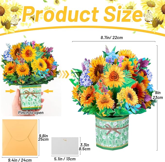 Get Well Soon Pop Up Cards, 3D Paper Flowers Bouquet Greeting Cards Sunflower Birthday Popup Cards Congratulations Gifts for Women Boss Best Friends Mother Parents Birthday Anniversary