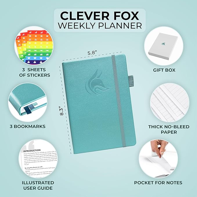 Clever Fox Dated Planner 2025-2026 – Weekly Life Planner Notebook for Goal Setting & Time Management – Planner with Habits Tracker, to-do List & Dated Pages – A5, Lasts 1 Year (Aquamarine)