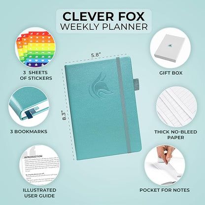 Clever Fox Dated Planner 2025-2026 – Weekly Life Planner Notebook for Goal Setting & Time Management – Planner with Habits Tracker, to-do List & Dated Pages – A5, Lasts 1 Year (Aquamarine)