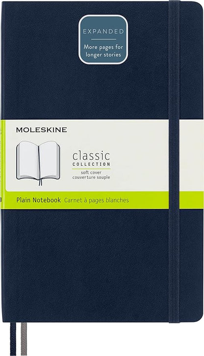Moleskine Classic Expanded Notebook, Soft Cover, Large (5" x 8.25") Plain/Blank, Sapphire Blue, 400 Pages