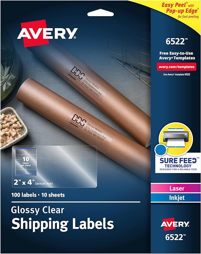 Avery Printable Shipping Labels with Sure Feed, 2" x 4", Glossy Crystal Clear, 100 Blank Mailing Labels (6522)
