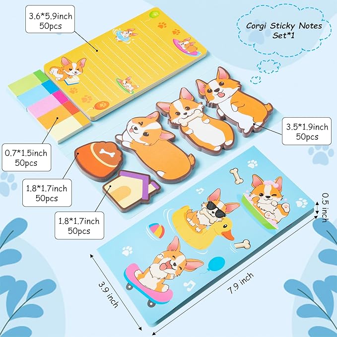 B1ykin Sticky Notes Set - Cartoon Theme Cute Self-Stick Notes Pad Teacher Appreciation Gifts， Self-Adhesive Writing Memo Pages Sticky to Do Notepad for Kids Employee School Office (Corgi)