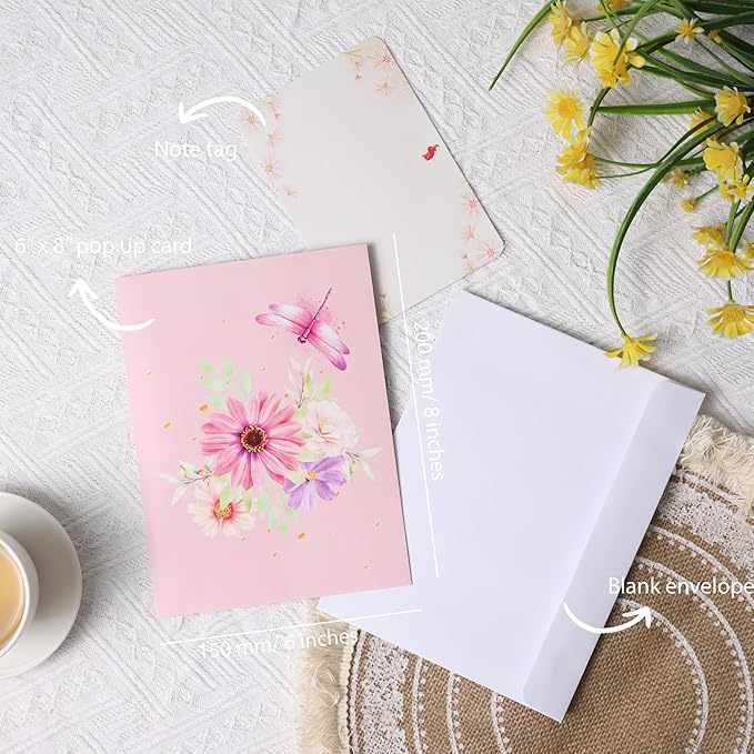 Pop Up Birthday Cards, Dragonfly and Gerbera Daisies Flower 3D Birthday Card for Women, Happy Mother’s Day Card, Valentines Day Card for Mom, Wife, Sister, Wife, Grandma, Daughter, Girlfriends