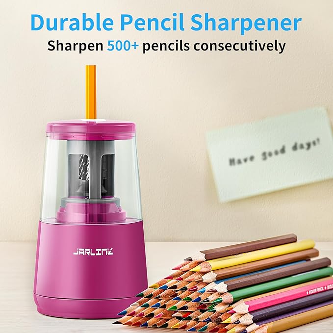 JARLINK Electric Pencil Sharpener, Heavy-Duty Helical Blade to Fast Sharpen, Auto Stop for No.2/Colored Pencils(6-8mm), USB/Battery Operated in School Classroom/Office/Home (Purple)