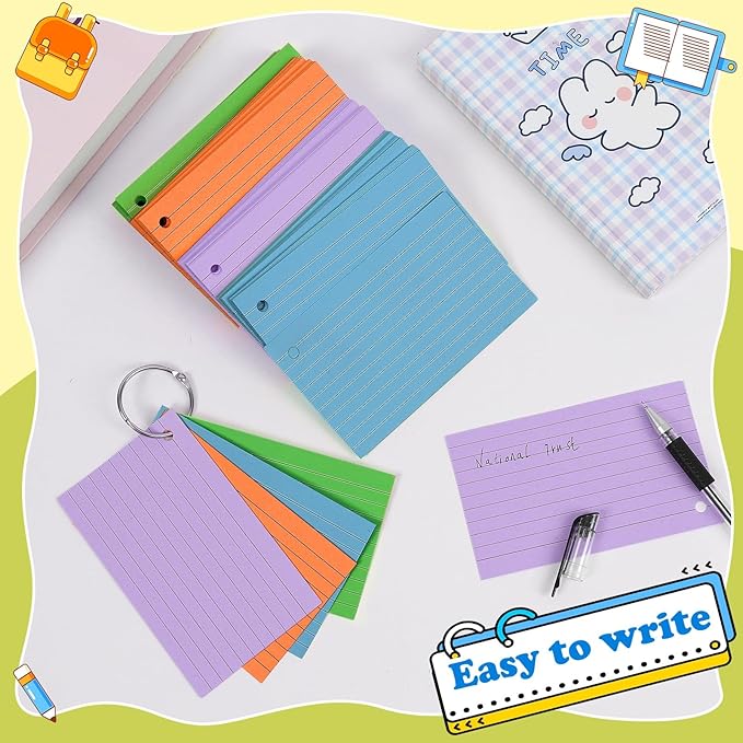 Colored Index Cards 3x5 Inches Flash Cards with Ring Lined Flashcards Heavy Note Cards for Studying School Supplies College, 200 Count