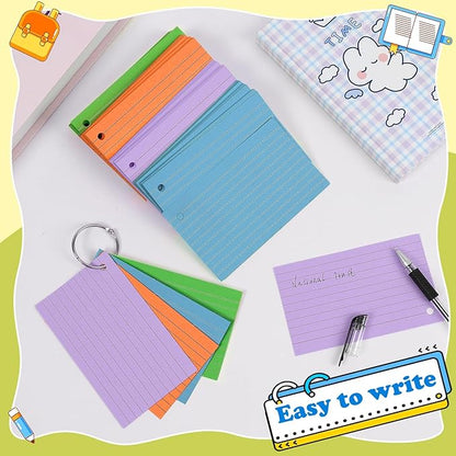 Colored Index Cards 3x5 Inches Flash Cards with Ring Lined Flashcards Heavy Note Cards for Studying School Supplies College, 200 Count
