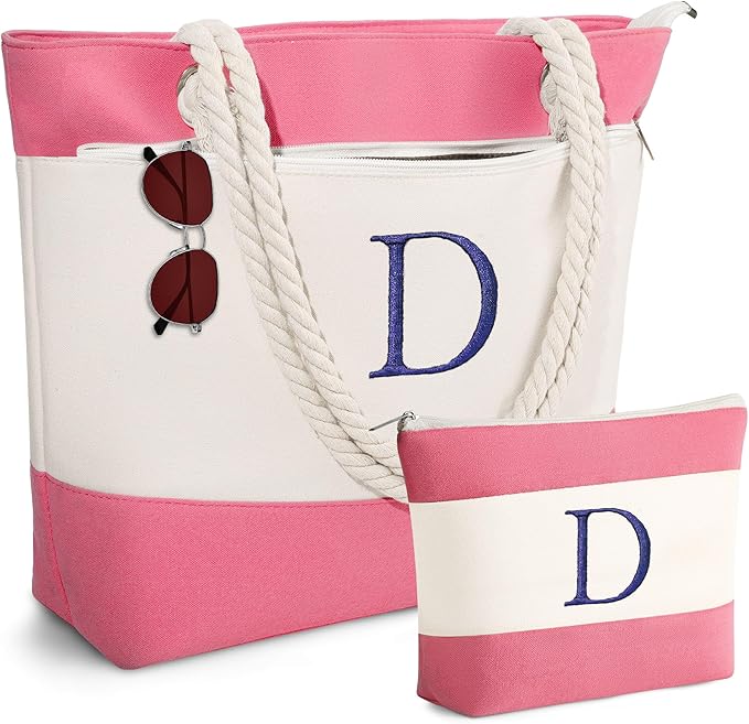 YOOLIFE Christmas Gifts for Women - Initial Canvas Tote Bag & Makeup Bag, Birthday Gifts for Women Mom Teacher Friend Sister