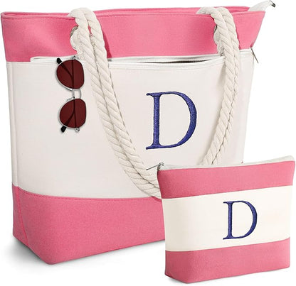 YOOLIFE Christmas Gifts for Women - Initial Canvas Tote Bag & Makeup Bag, Birthday Gifts for Women Mom Teacher Friend Sister