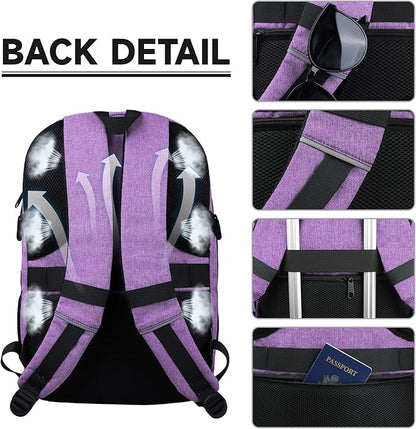 Lapsouno Extra Large Travel Backpack, Travel Laptop Backpack, Multiple Pockets 17.3 Inch Carry on Backpack with USB Port, TSA Friendly Water Resistant College School Business Bag for Women, Purple