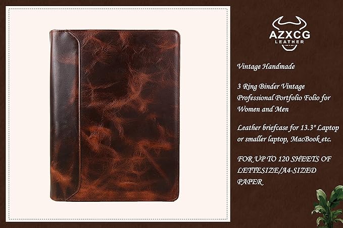 Free Engraved Name, Personalized Leather Binder Portfolio Folder, 3 Ring Binder Padfolio for Men, Handmade Resume Zippered Padfolio for Women, Business A4 Document Organizer, Customized, Oil Wax