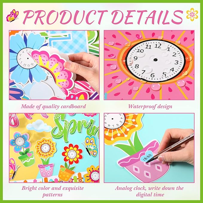 Kosiz Spring Clock Bulletin Board Decorations Set Flower Pot Butterfly Time Learning Paper Cutouts Happy Spring Time Classroom Decorations with Fence Borders for School Wall Chalkboard Door Home
