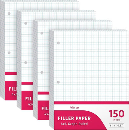 Loose Leaf Graph Paper, 4x4 Grid, 600 Sheets (150/Pack) Graphing Paper for School, College, Office - 3 Hole-Punch Sheets for Ring Binders, Notebooks, Pocket Folders - White, 8 x 10.5 inches