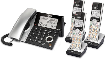AT&T CL84307 Dect 6.0 Expandable Corded/Cordless Phone with Smart Call Blocker, Silver/Black with 3 Handsets