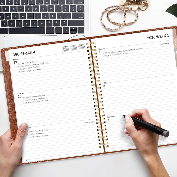 SUNEE 2026 Weekly & Monthly Planner 9"x11.2"- 12 Month (January 2026 - December 2026), Vegan Leather Cover, Pocket, Bookmark, Notes, Monthly Tab, Brown