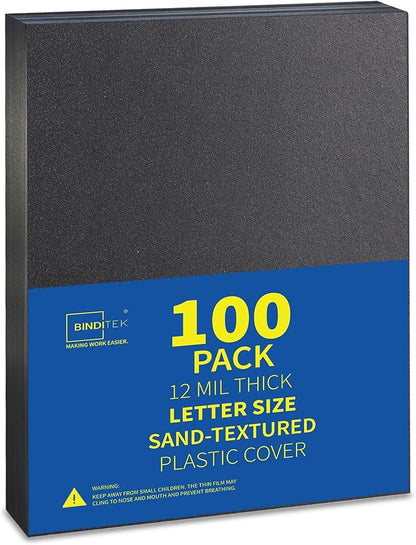Binditek 100 Pack 12 Mil Sand-Textured Polycover - Plastic Binding Cover for Letter Size - Lightly Textured Sand Finish - Business Reports and Proposals - Square Corners, Un-Punched, Black