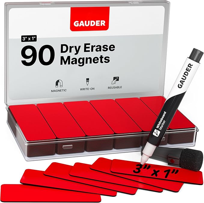 GAUDER Magnetic Dry Erase Labels | 90x Magnetic Labels (3 Inches x 1 Inch) | Dry Erase Magnets for Classroom, Whiteboard and Blackboard