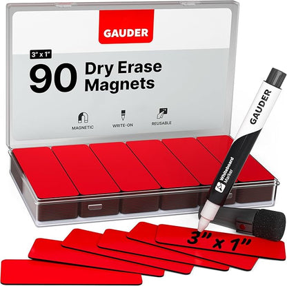 GAUDER Magnetic Dry Erase Labels | 90x Magnetic Labels (3 Inches x 1 Inch) | Dry Erase Magnets for Classroom, Whiteboard and Blackboard