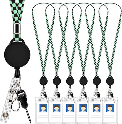 6 Pack Retractable Badge Lanyards and ID Badge Holder, Strap Lanyard with Swivel Metal Clasp for Badge Holders, Keychains, Offices, Staff, Students, Employees, Black Green Chequer