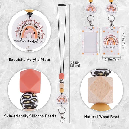 Teacher Lanyard with ID Holder, Boho Rainbow Sun Print Be Kind Cute Badge Holder with Beaded Adjustable Lanyard, Gifts for Teachers Students