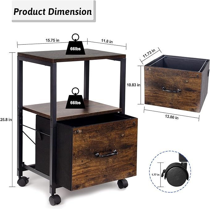 2 Tier Metal Mobile Under Desk Home Printer Stand with Storage Drawer Small File Cabinet for Home Office with Wheels Printer Tables for Small Spaces, Rustic Brown