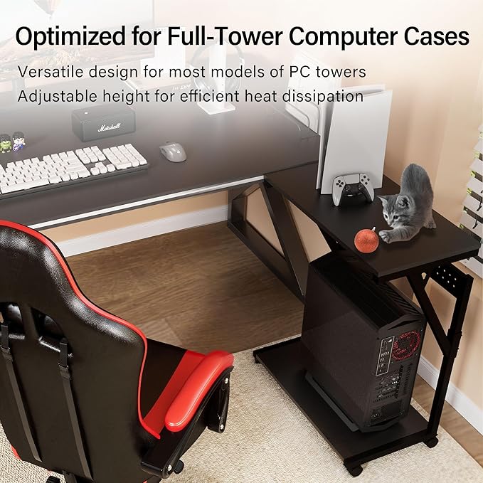 Computer Tower Cart - Height Adjustable PC Stand, 2-Tier ATX-Case CPU Holder Home Office Gaming Desk Accessories with Rolling Lockable Wheels, Laptop Table Standing Computer Desk, Rustic Black