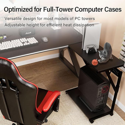 Computer Tower Cart - Height Adjustable PC Stand, 2-Tier ATX-Case CPU Holder Home Office Gaming Desk Accessories with Rolling Lockable Wheels, Laptop Table Standing Computer Desk, Rustic Black