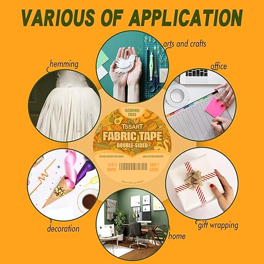 Fabric Tape - Sticky Double-Sided Tape Strong Adhesive Cloth Tape Press-on Tape, No Sewing or Ironing, Gluing, Alterations and Hemming Tape - 1/4inch Wide 180FT Long