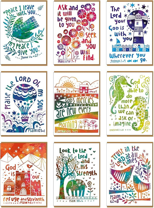 Christian greeting cards with Scripture, 9 in this pack of thinking of you cards religious, blank inside, hand drawn by British artist Jacqui Grace (Multicolored / CH4000)