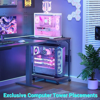 Computer Tower Stand with Power Strips, Height Adjustable PC Tower Stand/Cart with Wheels, Mobile Rolling CPU Holder, Computer Cart Side Stand for Computer Desk, 24", Black Walnut