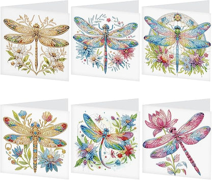 Tontut 6pcs Diamond Art Painting Kit Greeting Card, Colourful Dragonfly 5D DIY Diamond Handmade Holiday Glitter Greeting Card with Envelope, Holiday Gift Congratulation
