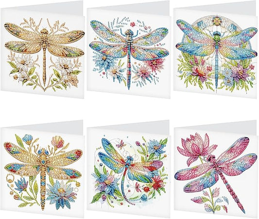 Tontut 6pcs Diamond Art Painting Kit Greeting Card, Colourful Dragonfly 5D DIY Diamond Handmade Holiday Glitter Greeting Card with Envelope, Holiday Gift Congratulation