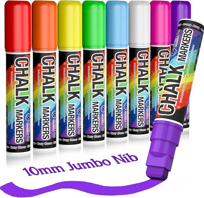 Window Chalk Markers for Cars Washable: 8 Colors Jumbo Liquid Chalk Marker with 10mm Thick Tips, Big Chalkboard Markers, Car Window Paint Markers Pen for Glass, Auto, Bistro, Mirror, Poster, Business
