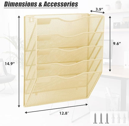 EASEPRES 5 Pocket Mesh Hanging Wall File Organizer, Wall Mounted Mail Paper Document Folder Holder, Clipboard Storage Organization Magazine Rack with Nametag Label for Office Home School, Gold
