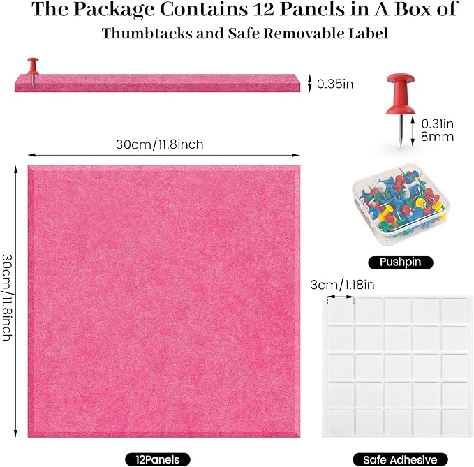 Felt Bulletin Board Felt Wall Tiles 12 Pack- 47"x35" Large Cork Board/Cork Tiles Alternative Safe Removable Felt Boards for Walls Felt Board for Office Felt Pin Board Pink