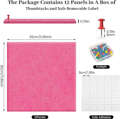 Felt Bulletin Board Felt Wall Tiles 12 Pack- 47"x35" Large Cork Board/Cork Tiles Alternative Safe Removable Felt Boards for Walls Felt Board for Office Felt Pin Board Pink
