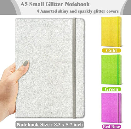 Silver Glitter Notebook, 8.3x5.7” 160 Lined Pages Glitter Never Peel Off Sparkle Journal for Girls College Ruled A5 Hardcover Notebooks for Teens Women Writing Note Taking Office Work School Gifts