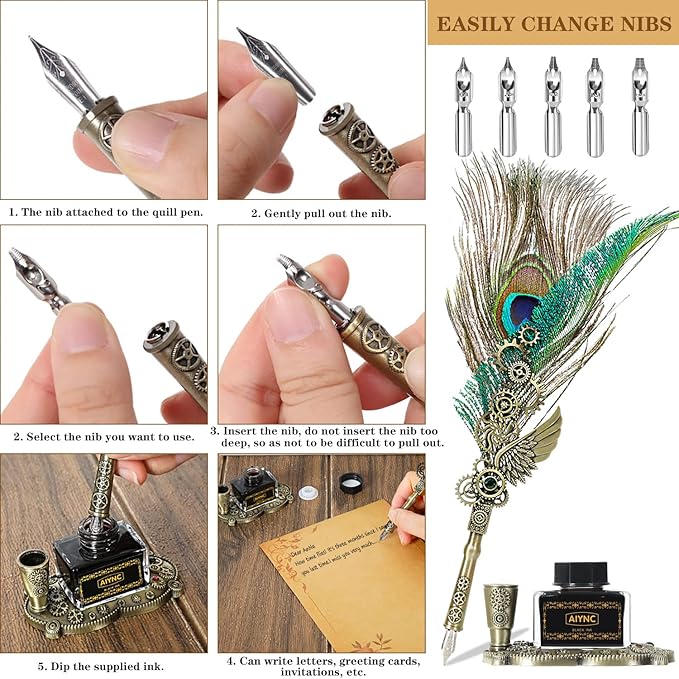 Quill Pen and Ink Set, With Notebook Wax Seal Stamp Kit, Calligraphy Set, Valentine's Day Gifts for Writing Lovers Birthday Gifts, Ideal Calligraphy Gifts for Holidays(Peacock Feather)
