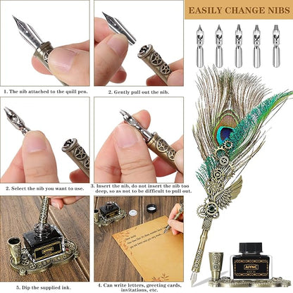 Quill Pen and Ink Set, With Notebook Wax Seal Stamp Kit, Calligraphy Set, Valentine's Day Gifts for Writing Lovers Birthday Gifts, Ideal Calligraphy Gifts for Holidays(Peacock Feather)