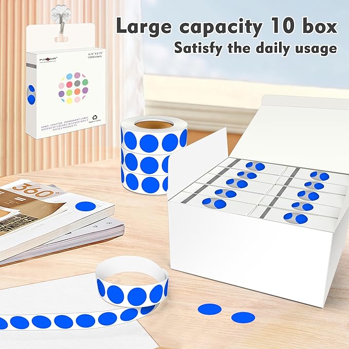 PARLAIM 3/4 Inch Round Permanent Adhesive Color-Code Dot Stickers,10000 Stickers Roll dots Label Dispenser Box Green Circle Stickers Labels 10Rolls (Blue)