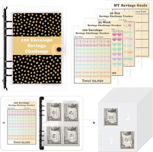HAUTOCO 100 Envelopes Money Saving Challenge A5 Binder, Savings Challenges Book to Save $5,050, $500, $10,000, Budget Binder with Cash Envelopes, PVC Money Saving Binder with Challenge Trackers, Black