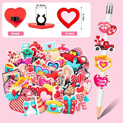 WDAHDHP Valentine's Day Pencil Clips for Kids, 50Pcs Different Pencil Clips Topper, Cute Pencil Charms for Kids Students School Gifts Classroom Rewards